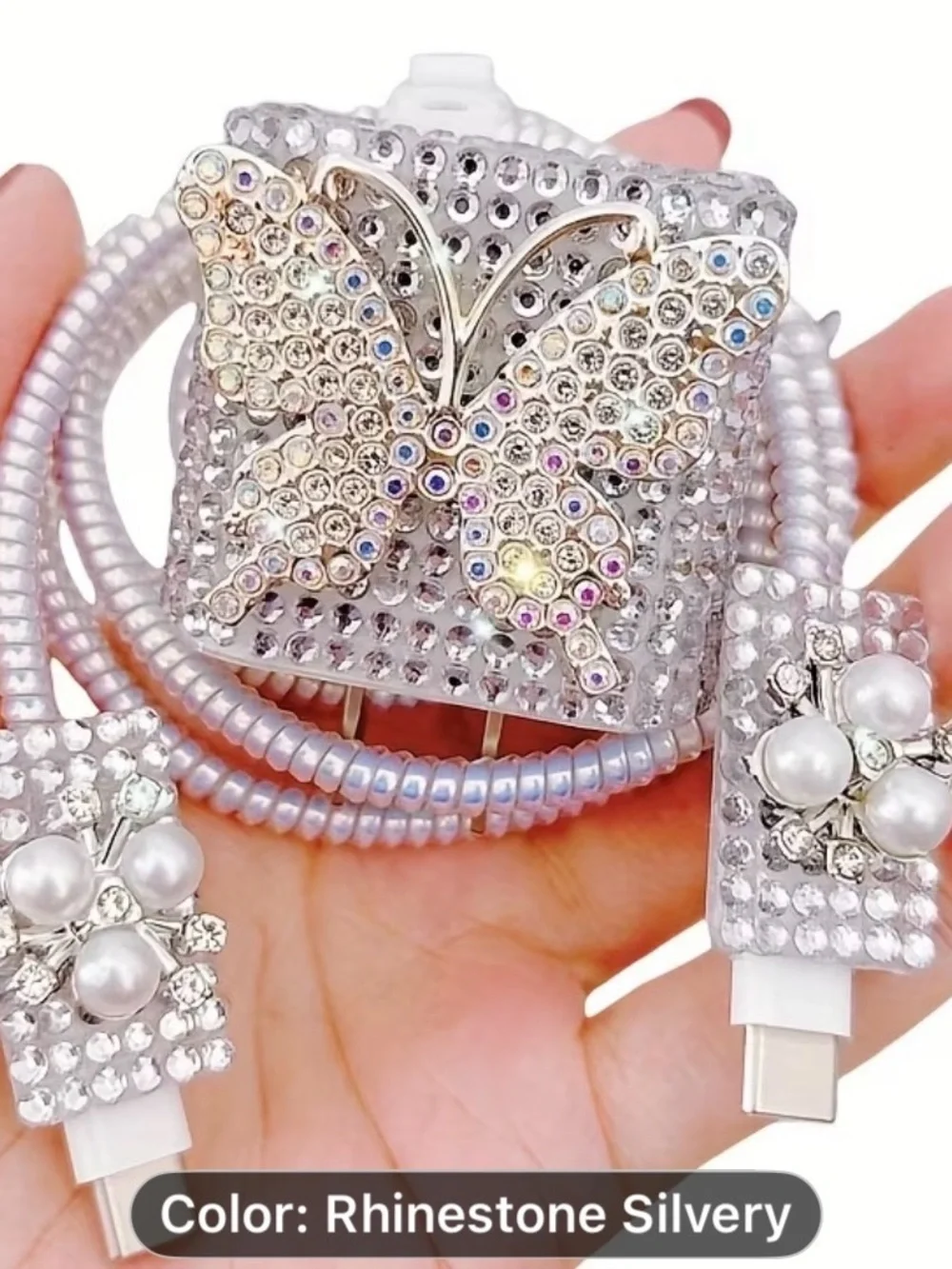 5PCS Rhinestone Silver Luxury Butterfly Bling Charger Set